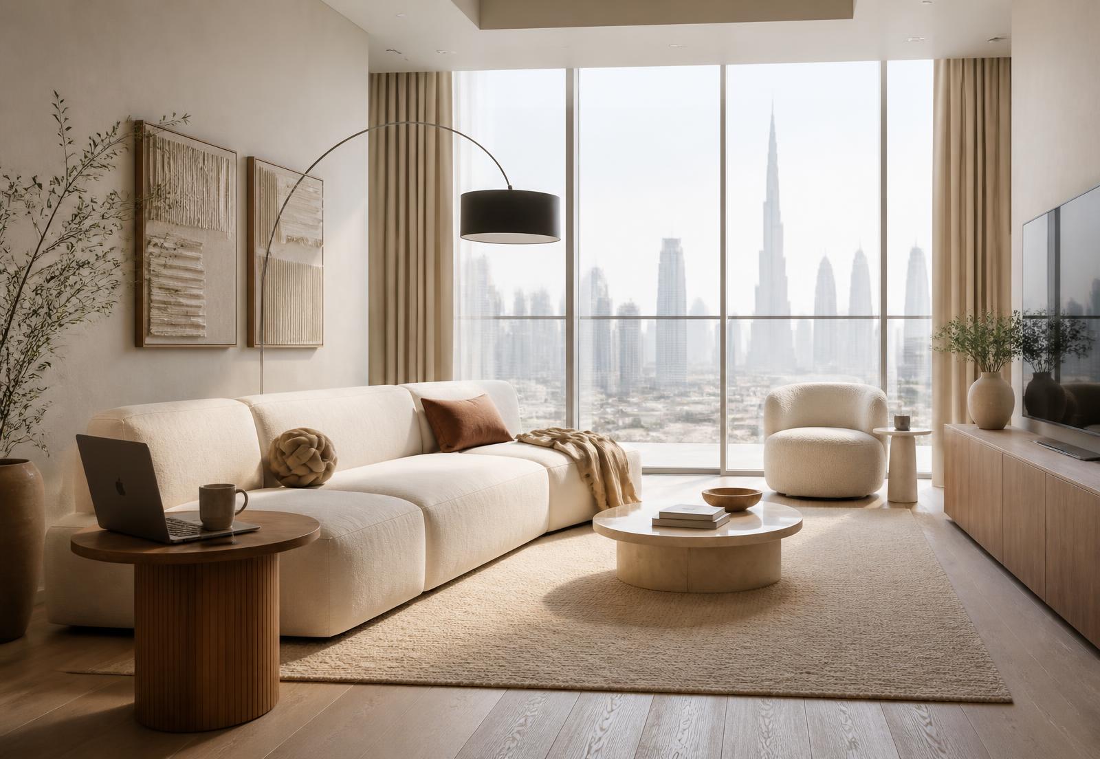 Modern furnished corporate apartment in Dubai with a workspace and city view